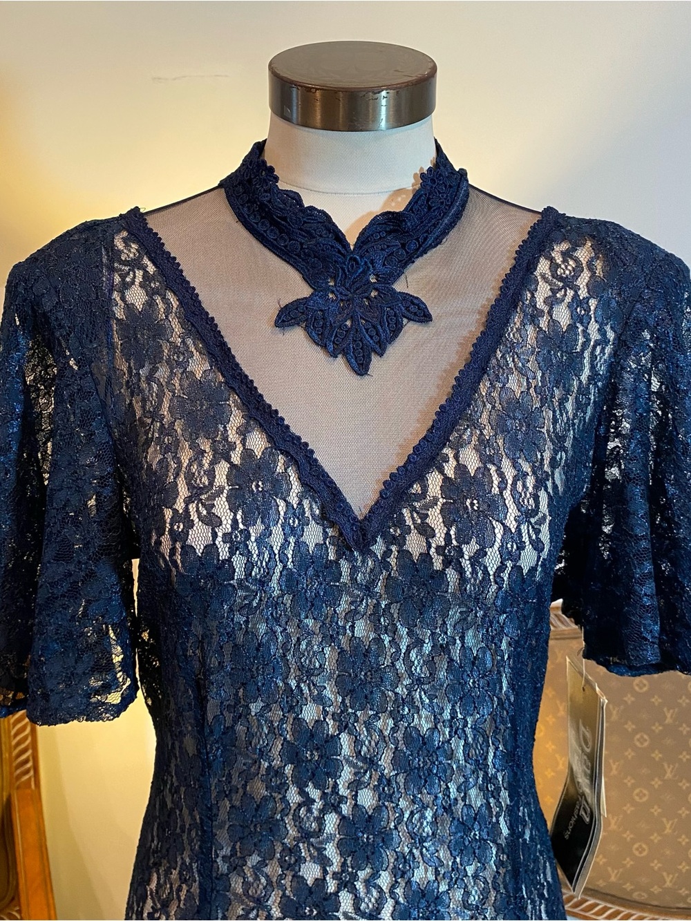 Vintage Elegant Navy Blue Lace Maxi Dress w Sheer Yoke by Dawn Joy NWT Deadstock - Picture 2 of 8